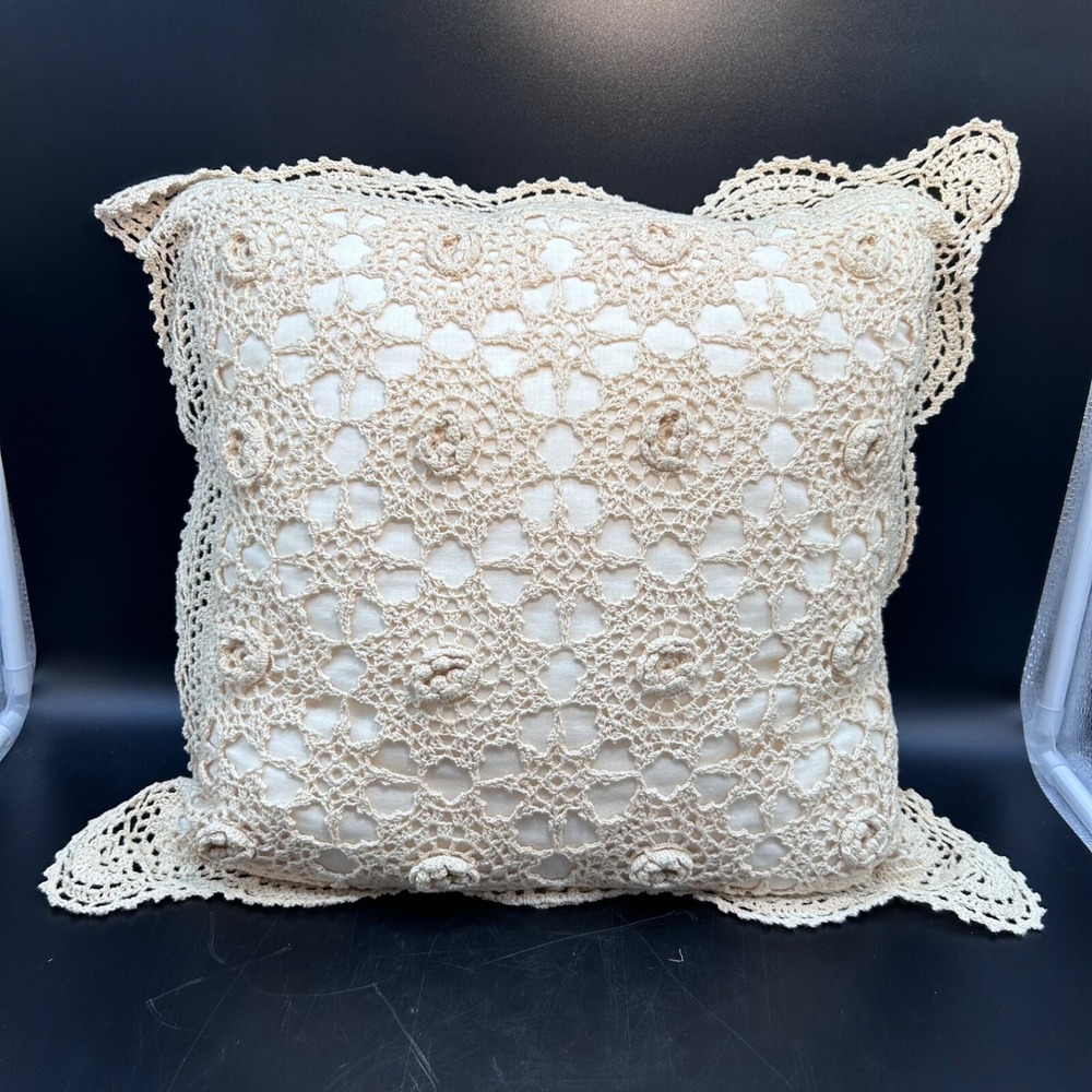 Crocheted Bed Pillow Cream‎ Ivory  Romantic Flower Buds 15x15 in